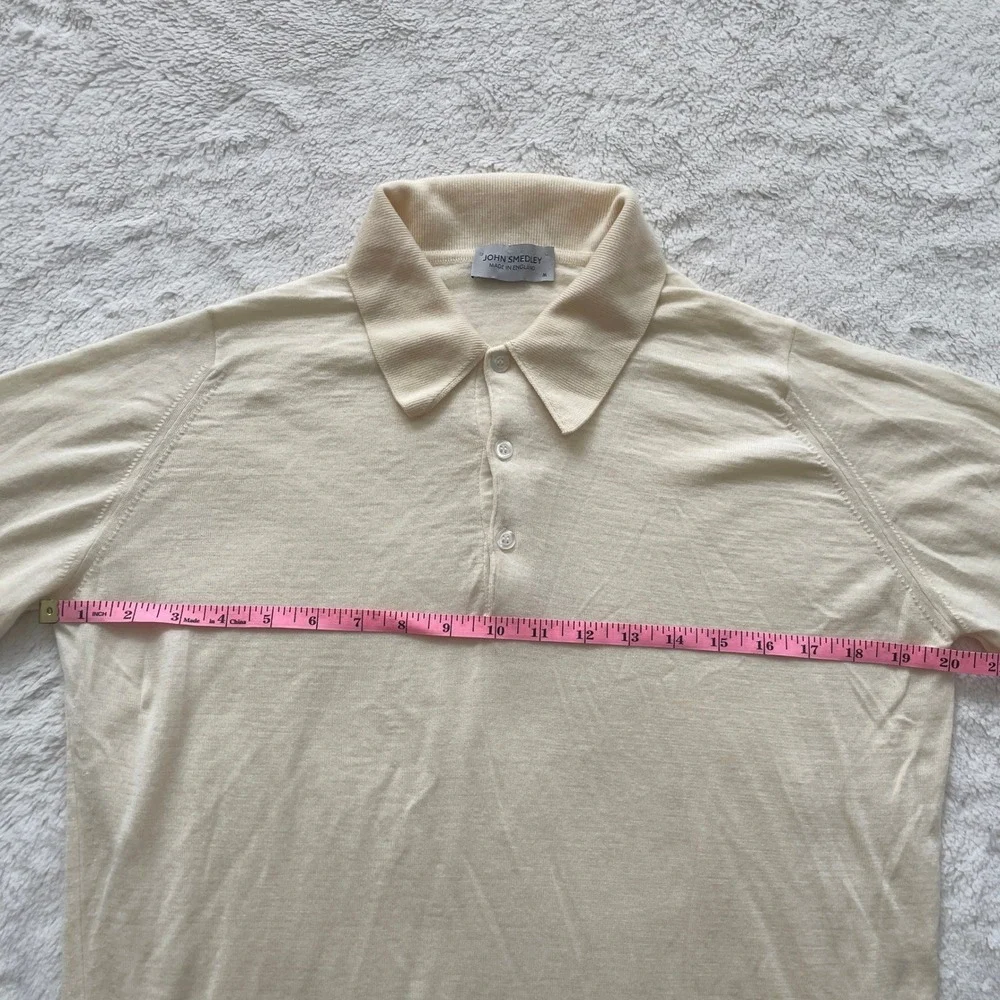 John Smedley Dorset Extra Fine Merino Wool Long Sleeve Polo Sweater Cream Size M